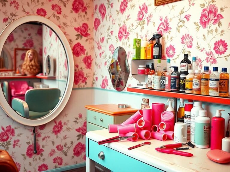 Flick International A vibrant 1970s hair salon scene with retro styling tools and products