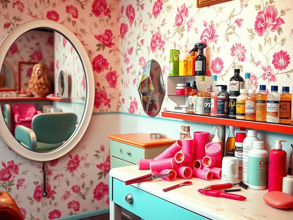 Flick International A vibrant 1970s hair salon scene with retro styling tools and products