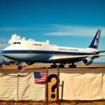 Flick International Boeing 747-8 aircraft in U.S. Air Force colors parked on a runway under blue skies