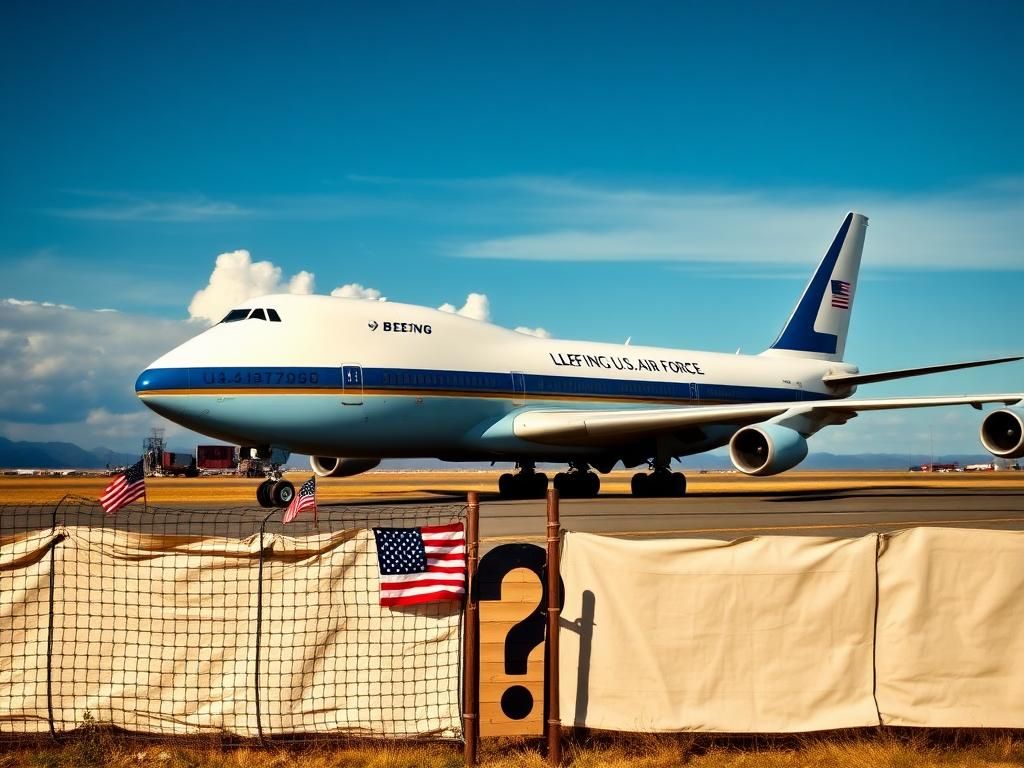 Flick International Boeing 747-8 aircraft in U.S. Air Force colors parked on a runway under blue skies