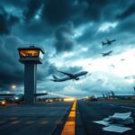 Flick International Dramatic scene of a modern transportation infrastructure with an airport control tower and stormy skies