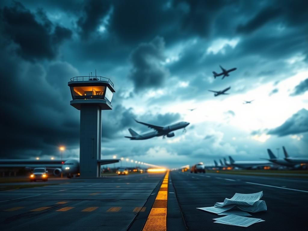 Flick International Dramatic scene of a modern transportation infrastructure with an airport control tower and stormy skies
