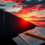 Flick International A dramatic scene of a fortified U.S. border wall at sunset, highlighting immigration debate