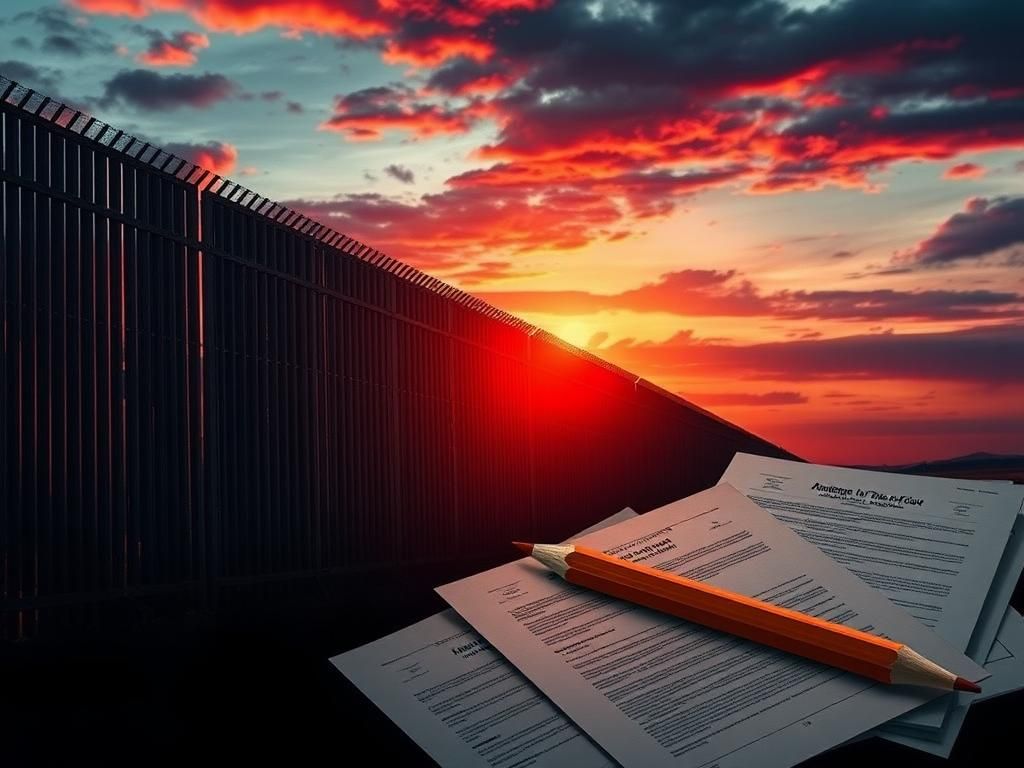 Flick International A dramatic scene of a fortified U.S. border wall at sunset, highlighting immigration debate