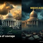 Flick International A split-screen image contrasting a bustling government building with a chaotic landscape symbolizing Medicaid cuts