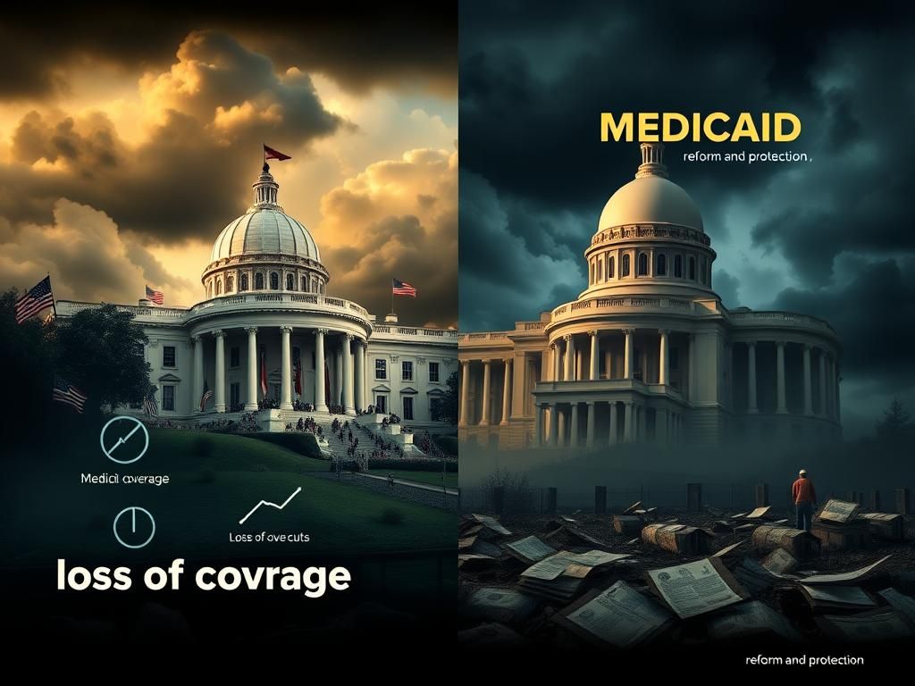Flick International A split-screen image contrasting a bustling government building with a chaotic landscape symbolizing Medicaid cuts
