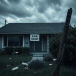 Flick International Empty suburban house representing the Menendez family home with shattered windows and a 'For Sale' sign