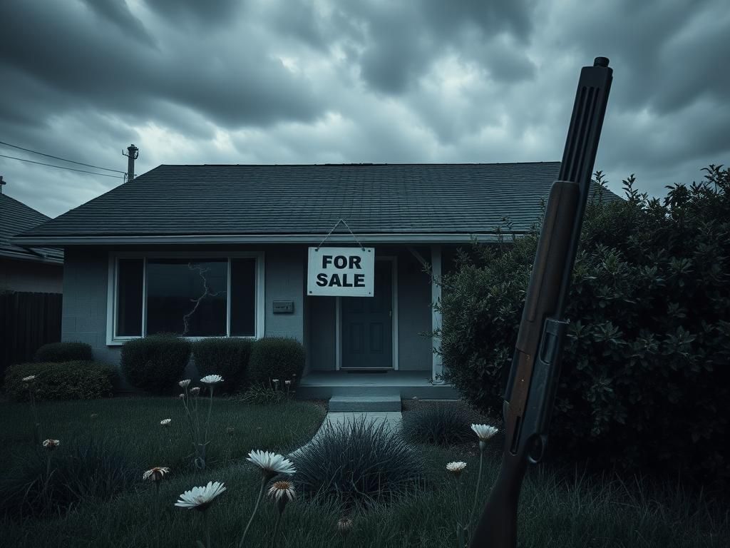 Flick International Empty suburban house representing the Menendez family home with shattered windows and a 'For Sale' sign