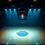 Flick International Dramatic overhead shot of an empty NBA basketball court with the Draft Lottery logo