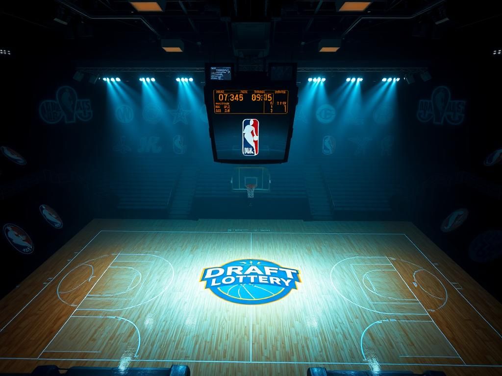 Flick International Dramatic overhead shot of an empty NBA basketball court with the Draft Lottery logo