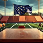 Flick International High school athletic field with Indiana state flag and empty boardroom symbolizing DEI controversy