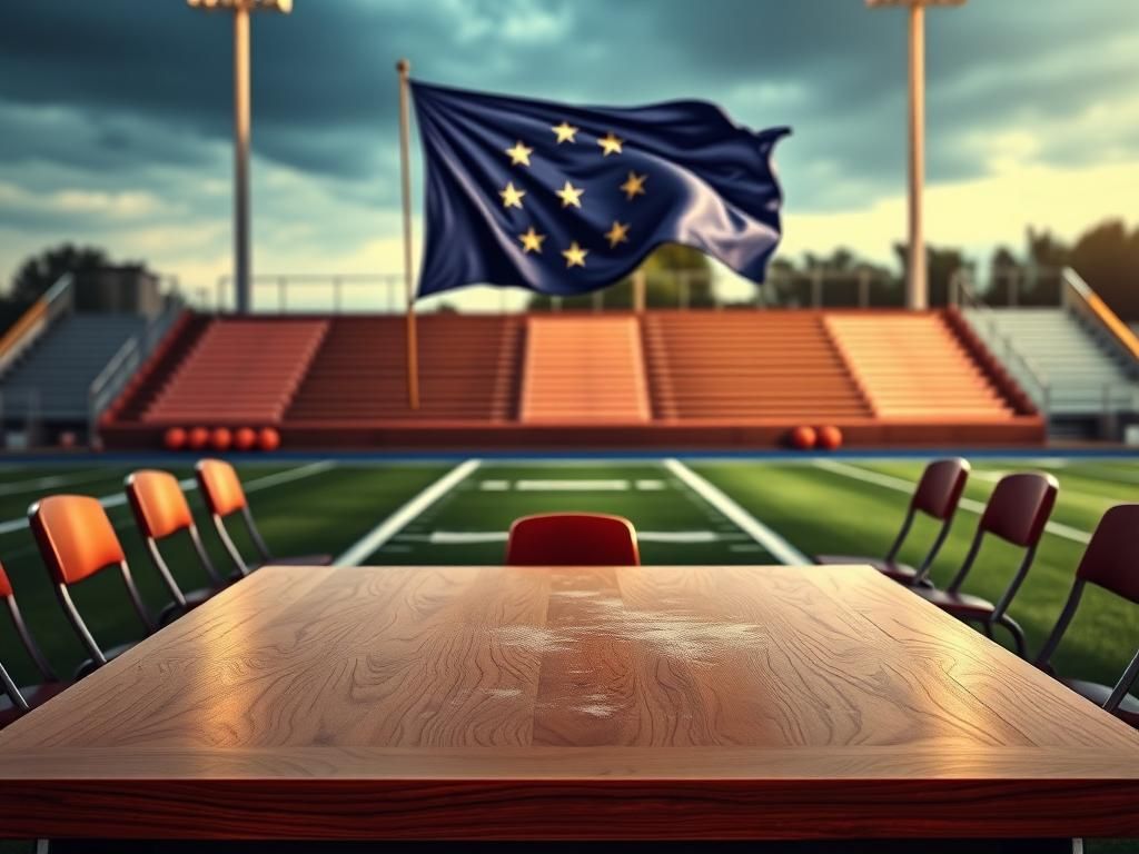 Flick International High school athletic field with Indiana state flag and empty boardroom symbolizing DEI controversy