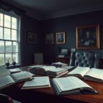 Flick International Dimly lit political office with wooden desk and books about leadership