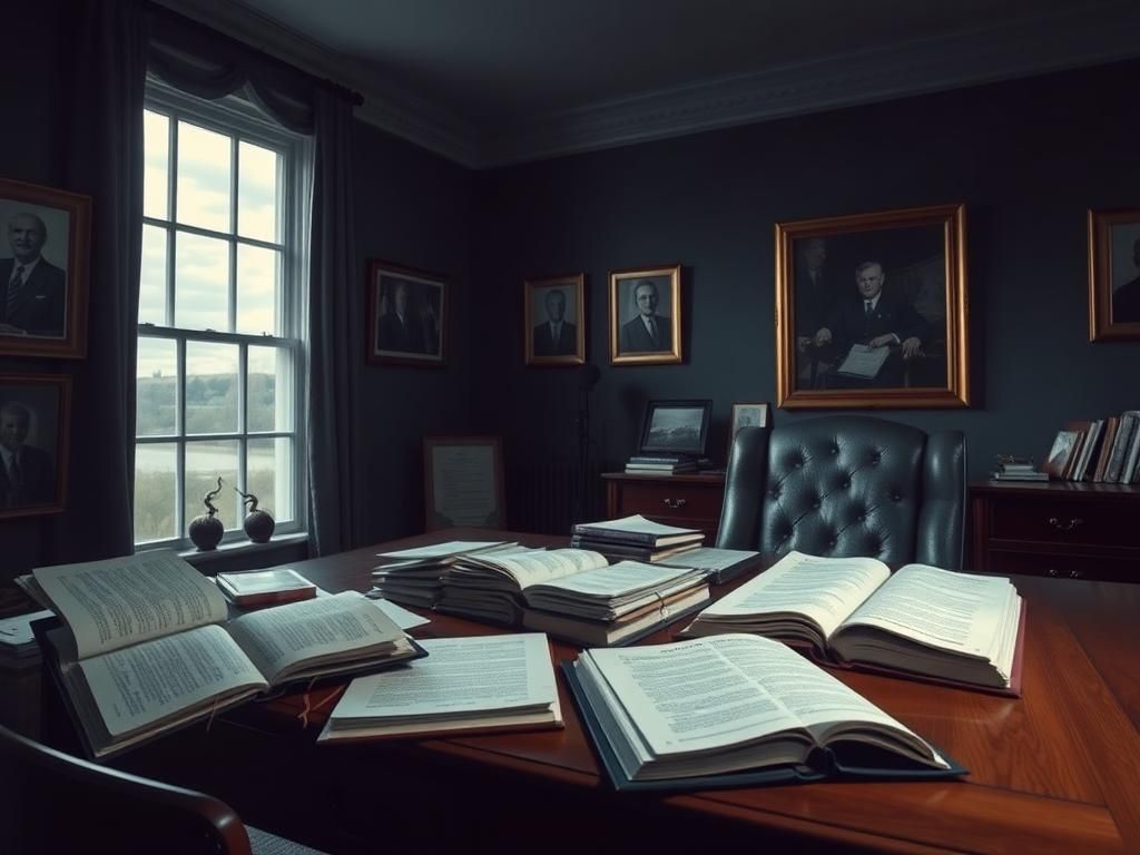 Flick International Dimly lit political office with wooden desk and books about leadership