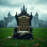 Flick International A grand, empty wooden throne set against a misty castle background, symbolizing royal tension.