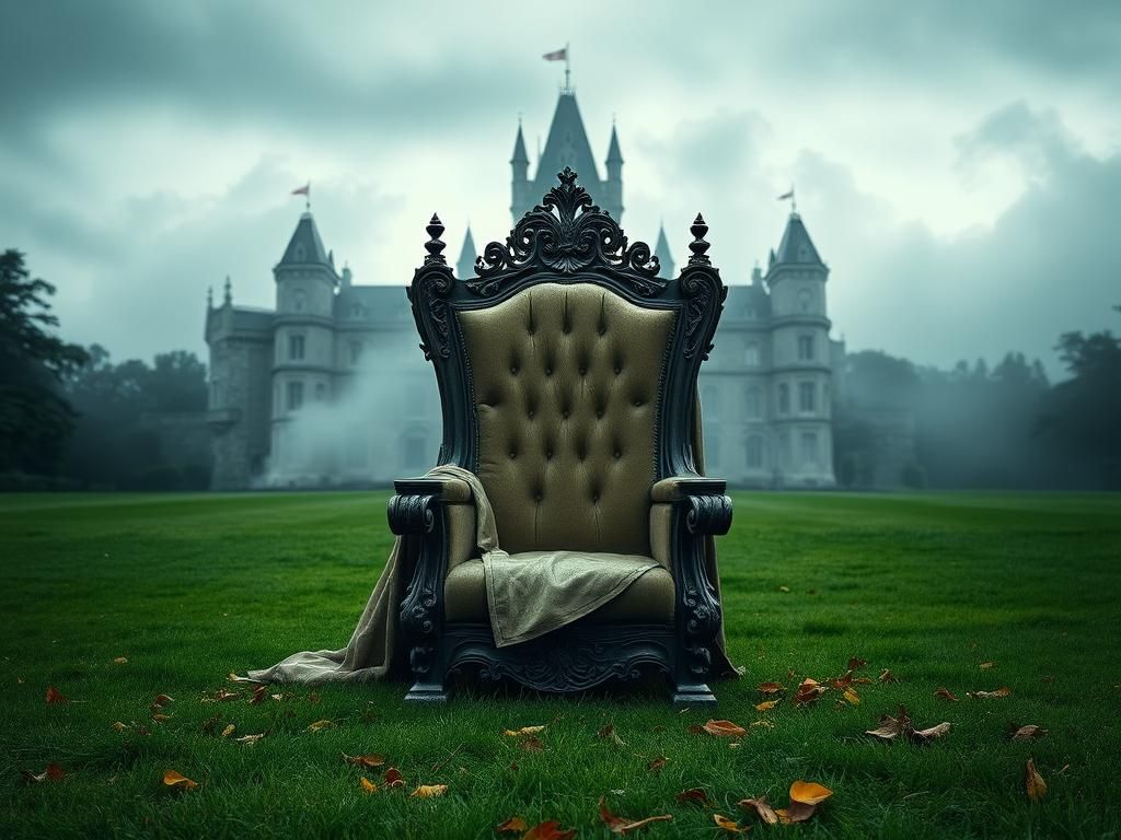 Flick International A grand, empty wooden throne set against a misty castle background, symbolizing royal tension.