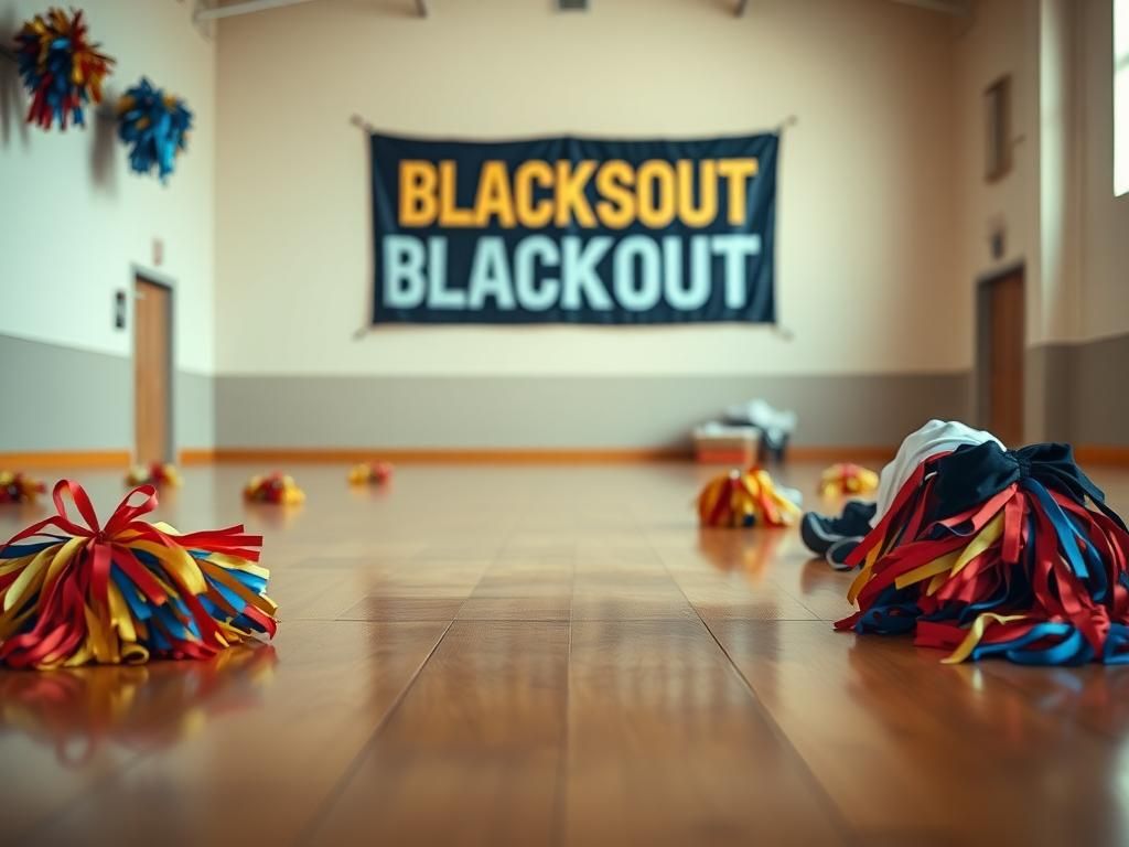 Flick International A close-up of an empty cheerleading practice area with colorful pom-poms and spirit banners