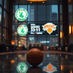 Flick International Dramatic hotel lobby scene during NBA playoffs with basketball and digital scoreboard