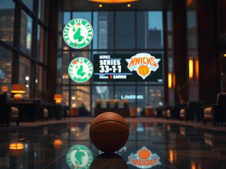 Flick International Dramatic hotel lobby scene during NBA playoffs with basketball and digital scoreboard