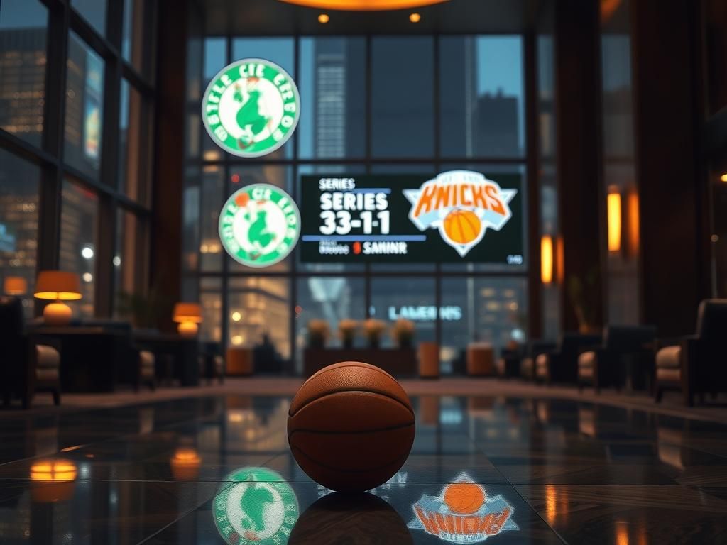 Flick International Dramatic hotel lobby scene during NBA playoffs with basketball and digital scoreboard