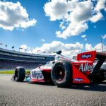 Flick International vibrant race car positioned on the Indianapolis Motor Speedway ready for the Indy 500