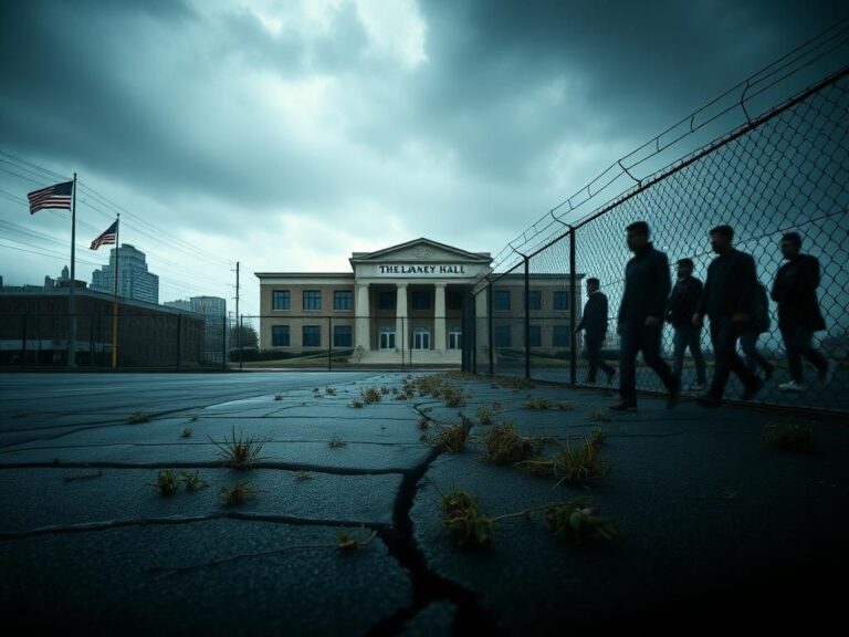 Flick International Moody urban image showcasing Delaney Hall immigration detention facility with barbed wire and gray skies