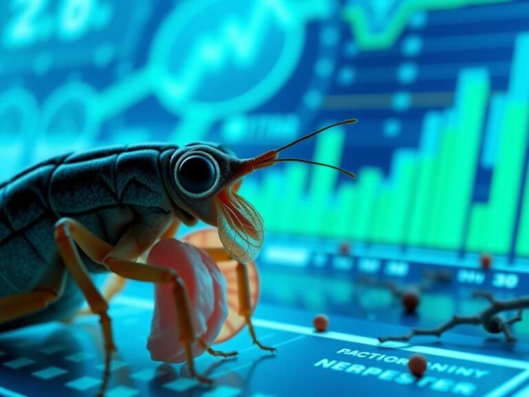 Flick International Close-up of a digital interface showcasing biological age predictions with contrasting illustrations of flesh-eating insects