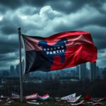 Flick International A wilting Democratic Party flag in the foreground with a dark skyline backdrop symbolizing political despair