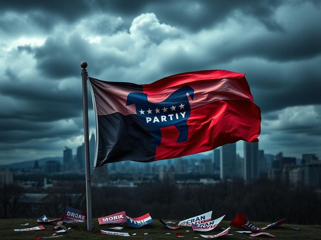 Flick International A wilting Democratic Party flag in the foreground with a dark skyline backdrop symbolizing political despair