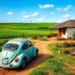 Flick International Serene rural landscape of Uruguay depicting a modest home and vibrant gardens