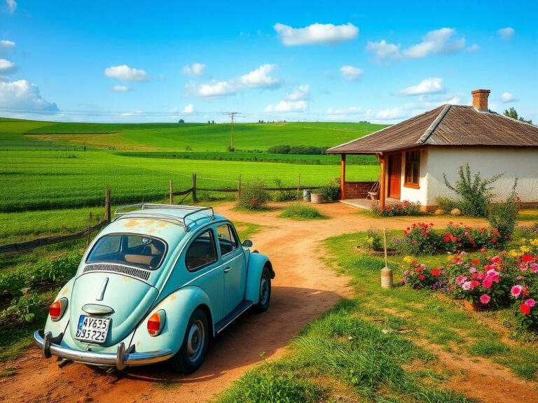 Flick International Serene rural landscape of Uruguay depicting a modest home and vibrant gardens
