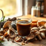 Flick International A steaming cup of mushroom coffee surrounded by various medicinal mushrooms on a rustic wooden table