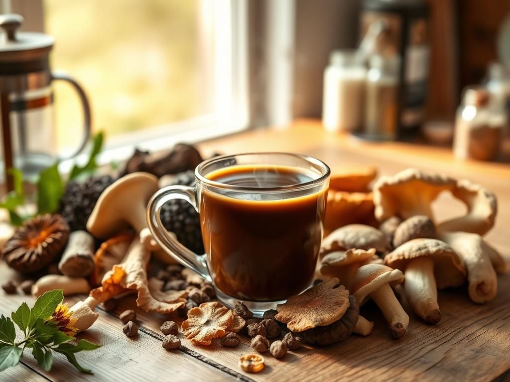 Flick International A steaming cup of mushroom coffee surrounded by various medicinal mushrooms on a rustic wooden table