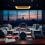 Flick International A modern government office scene featuring a polished wood table surrounded by classified documents and a view of the Washington D.C. skyline