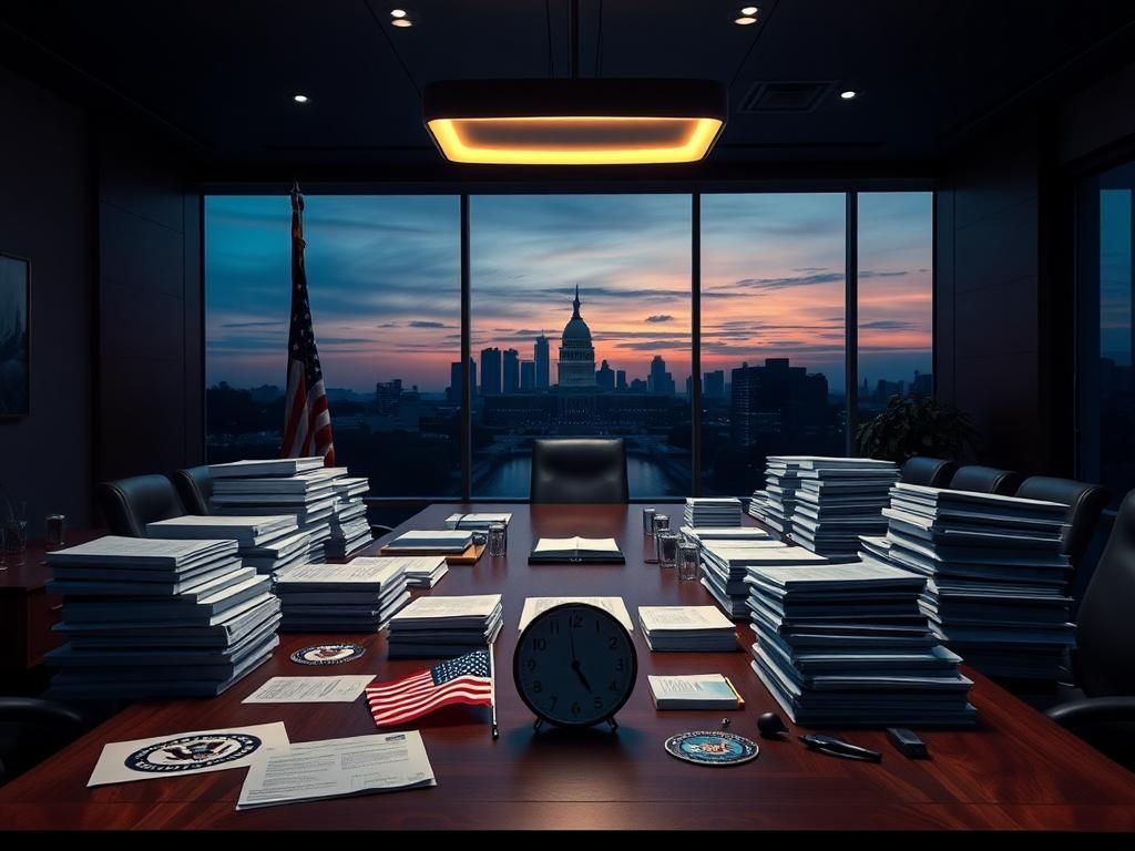 Flick International A modern government office scene featuring a polished wood table surrounded by classified documents and a view of the Washington D.C. skyline