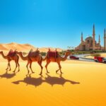 Flick International A parade of camels walking under a clear blue sky in Qatar.