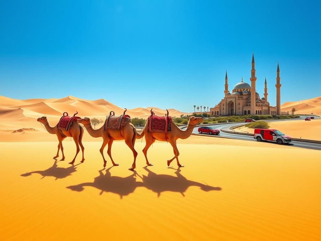 Flick International A parade of camels walking under a clear blue sky in Qatar.