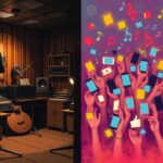 Flick International Split composition showing a dimly lit recording studio contrasting with a vibrant social media landscape, symbolizing the feud between Zach Bryan and John Moreland
