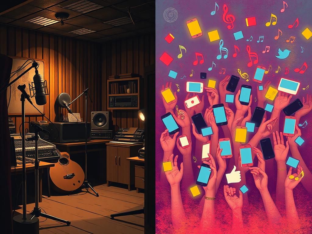 Flick International Split composition showing a dimly lit recording studio contrasting with a vibrant social media landscape, symbolizing the feud between Zach Bryan and John Moreland