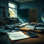 Flick International Dimly lit classroom with scattered textbooks and an open laptop showcasing an AI chatbot interface