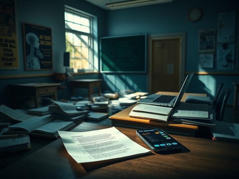 Flick International Dimly lit classroom with scattered textbooks and an open laptop showcasing an AI chatbot interface