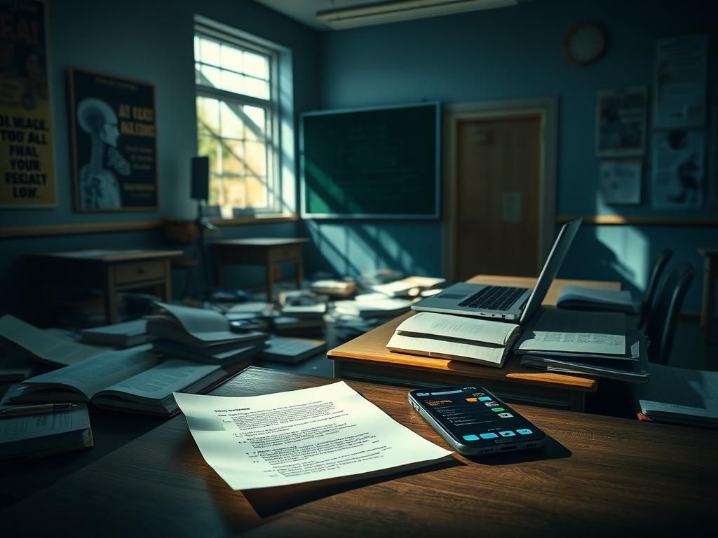 Flick International Dimly lit classroom with scattered textbooks and an open laptop showcasing an AI chatbot interface