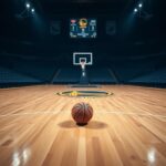 Flick International Dimly lit basketball court scene with a single basketball on hardwood floor