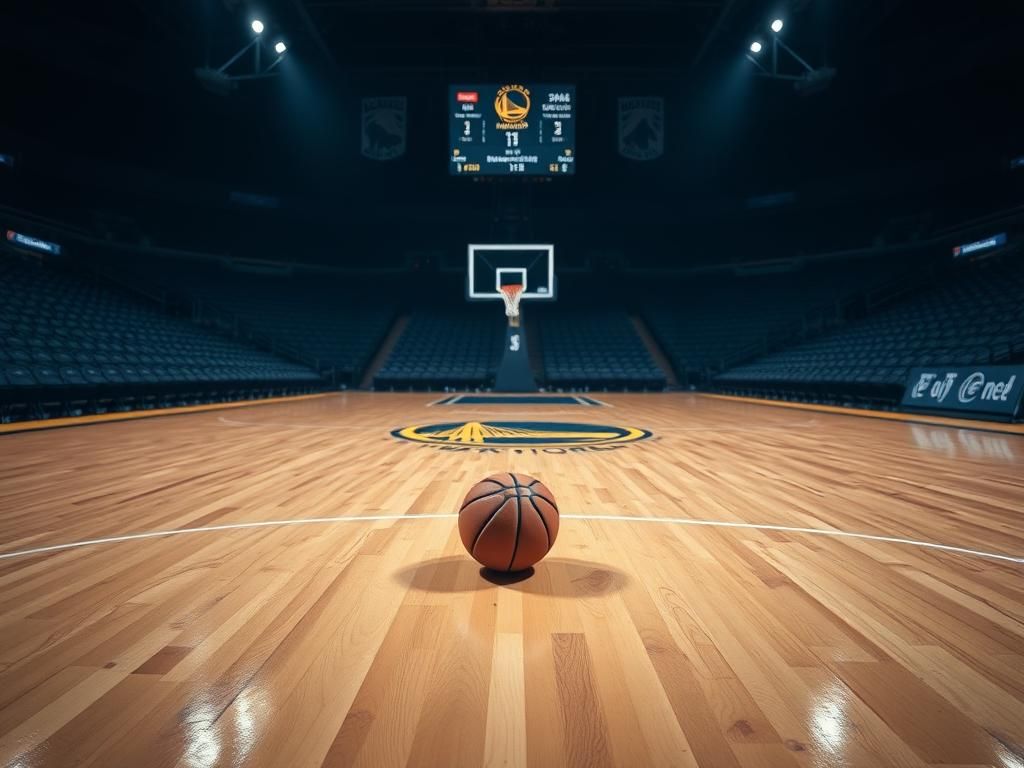 Flick International Dimly lit basketball court scene with a single basketball on hardwood floor