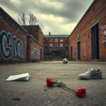 Flick International Urban schoolyard scene with graffiti, symbolizing the aftermath of gang violence