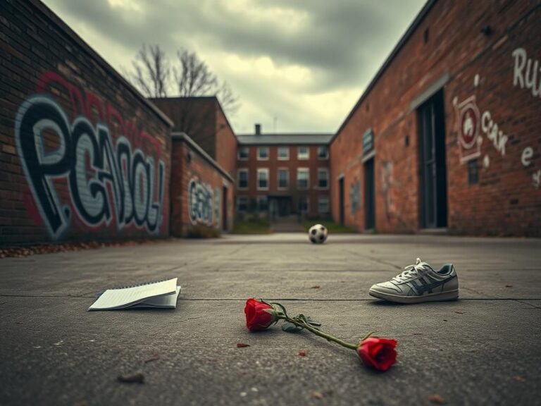 Flick International Urban schoolyard scene with graffiti, symbolizing the aftermath of gang violence