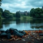 Flick International Tranquil lake at Princeton University reflecting an overcast sky, symbolizing contemplation and loss