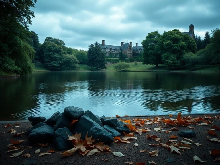 Flick International Tranquil lake at Princeton University reflecting an overcast sky, symbolizing contemplation and loss