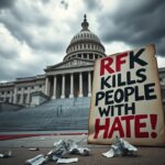 Flick International Protest sign reading 'RFK KILLS PEOPLE WITH HATE!' at the U.S. Capitol steps