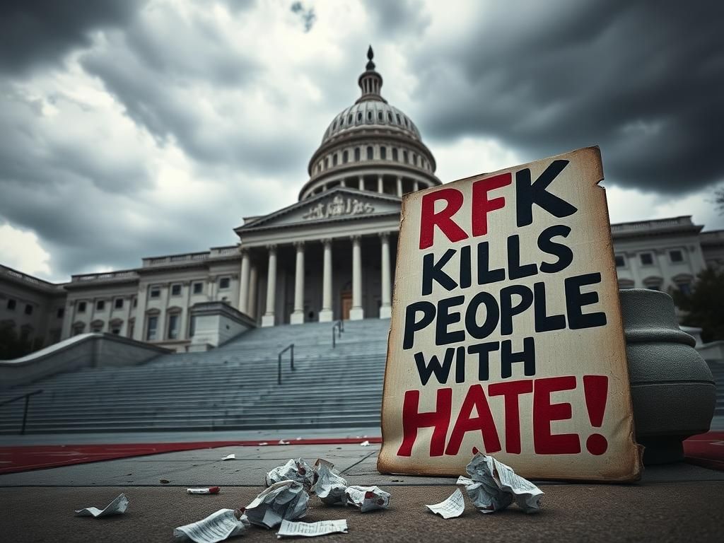 Flick International Protest sign reading 'RFK KILLS PEOPLE WITH HATE!' at the U.S. Capitol steps